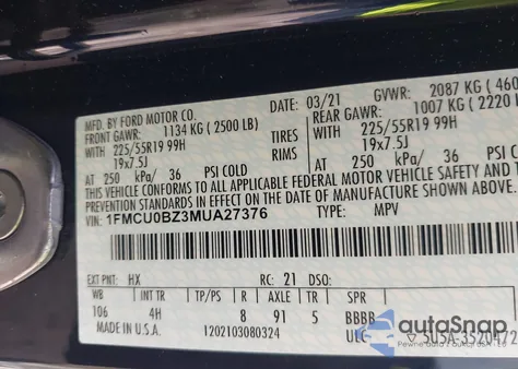 2021 Ford Escape Se from USA, damaged, VIN 1FMCU0BZ3MUA27376